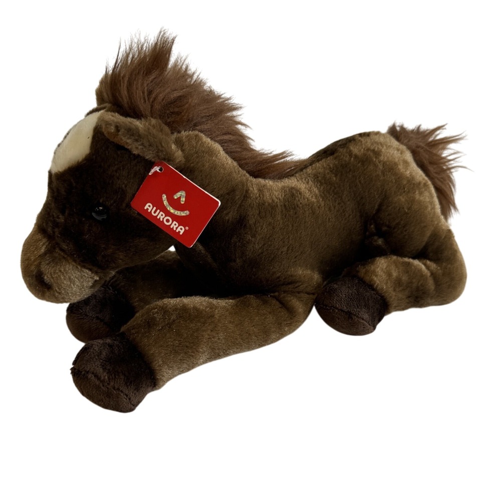 Aurora Plush Horse Laying Down Brown Foal Stuffed‎ Animal Toy